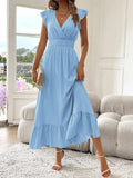 Women's Short Sleeve Wrap Neck Elastic Waist Muslin Dress