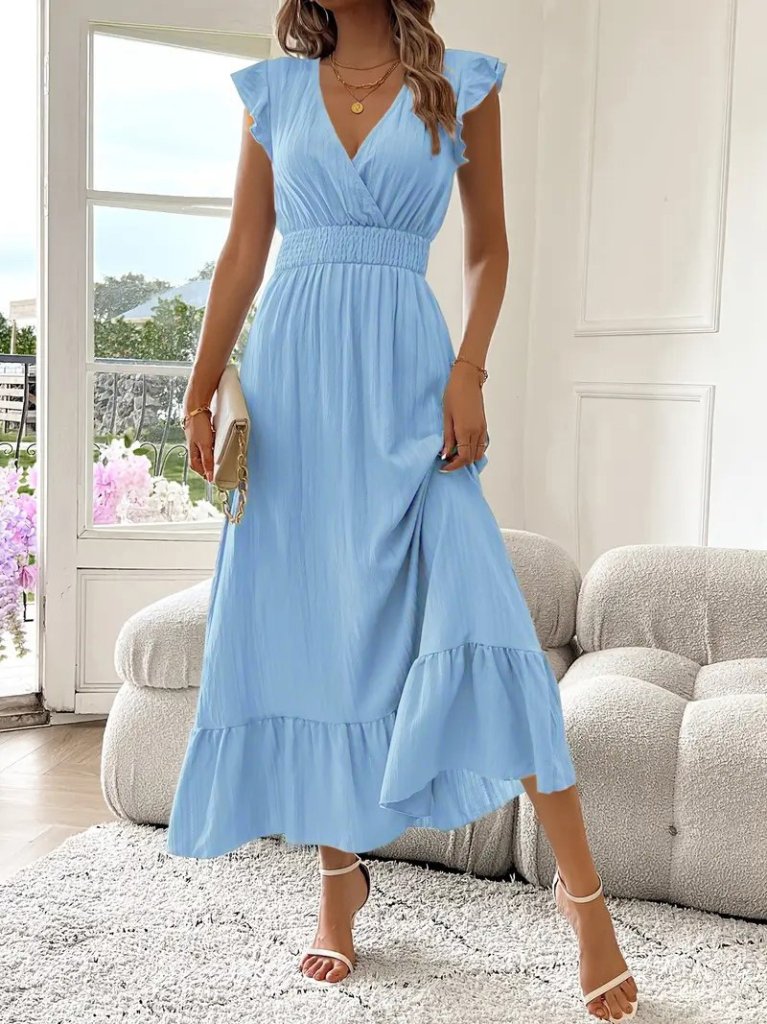 Women's Short Sleeve Wrap Neck Elastic Waist Muslin Dress