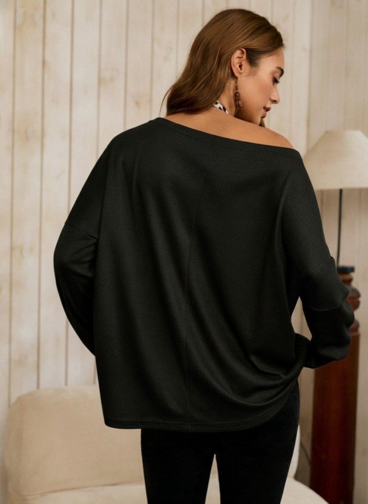 Women's One Shoulder Open Batwing Sleeve Waffle Blouse
