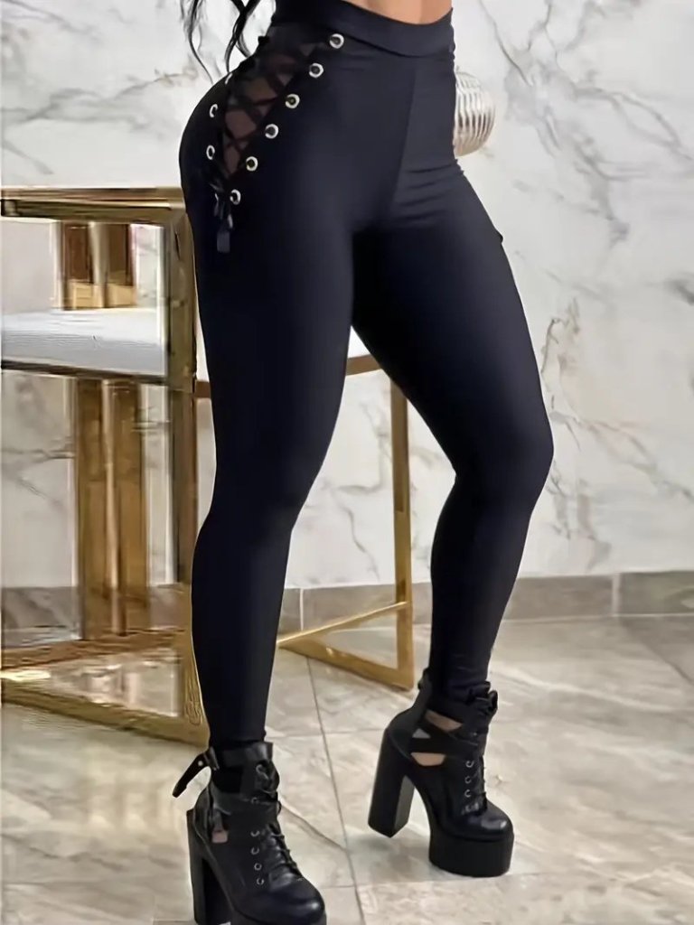 Women's High Waist Crossover Lace-Up Tulle Detail Scuba Leggings