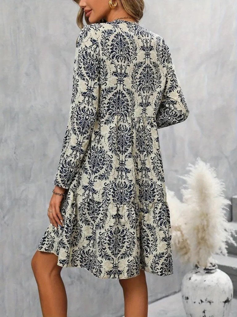 Women's Long-Sleeved V-Neck Ruffle Mini Jersey Dress