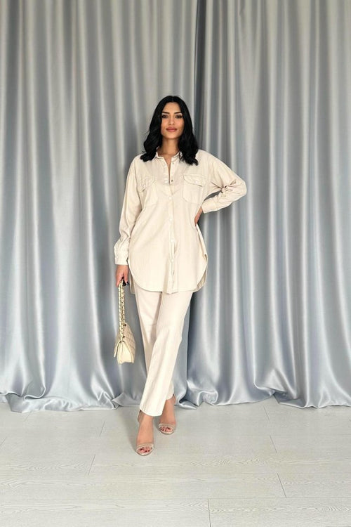 Beige Shirt and Snap-Button Pants Set