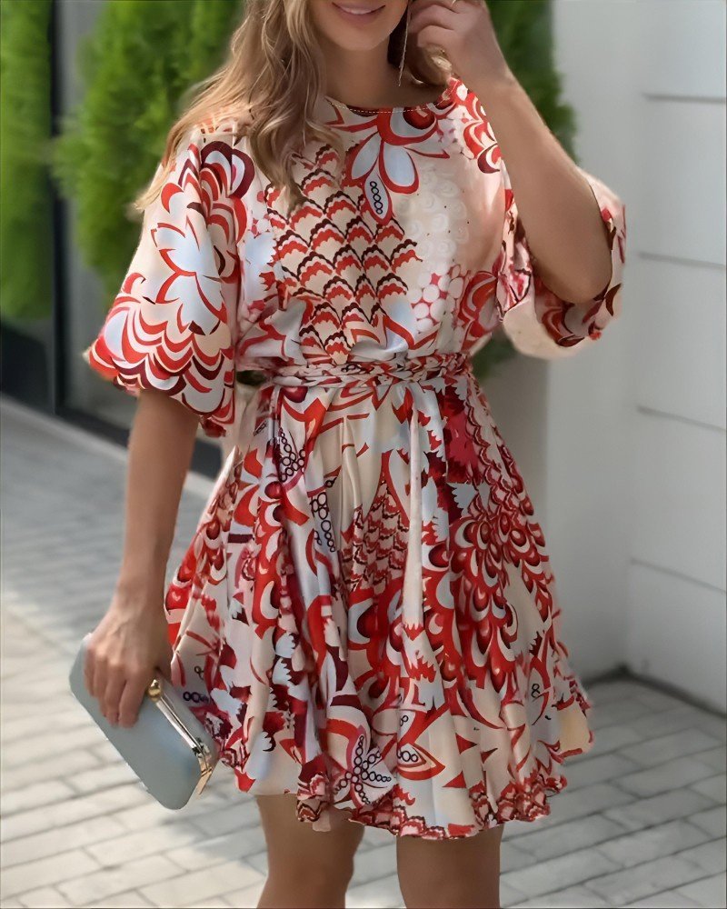 Women's Short Puff Sleeve Round Neck Pleated Patterned Mini Dress