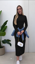 Women's Long Sleeve Turtleneck Ribbed Knit Side Slit Maxi Dress