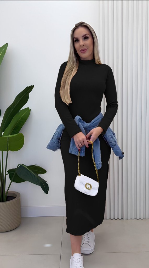Women's Long Sleeve Turtleneck Ribbed Knit Side Slit Maxi Dress