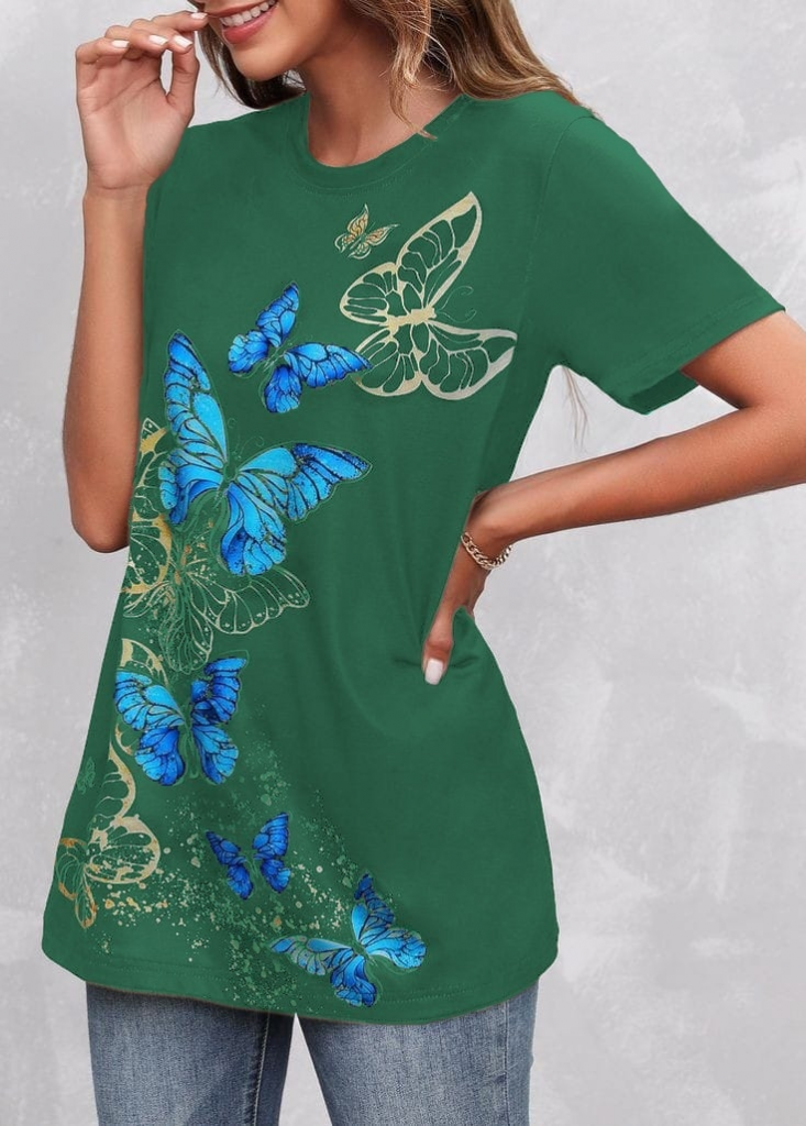 Women's Short Sleeve Blue Yellow Butterfly Print Supreme Blouse