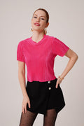 Ribbed Short-Sleeve Shiny Fuchsia Blouse