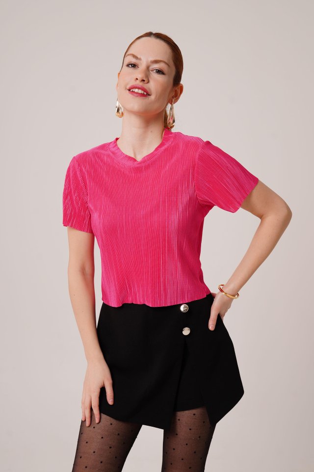 Ribbed Short-Sleeve Shiny Fuchsia Blouse