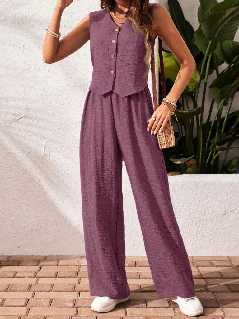 Women's Sleeveless Button-Up Vest and Wide-Leg Pants Crinkle Two-Piece Set