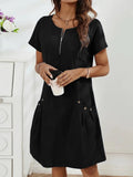 Women's Short Sleeve Open Collar Zipper Pocket Detail Imported Linen Dress