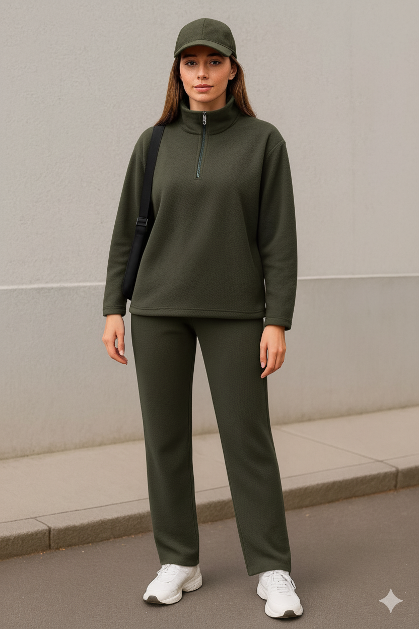 Kadın Balıkçı Yaka Fermuar Detay Polar Sweat Ve Pantolon Ikili Takım