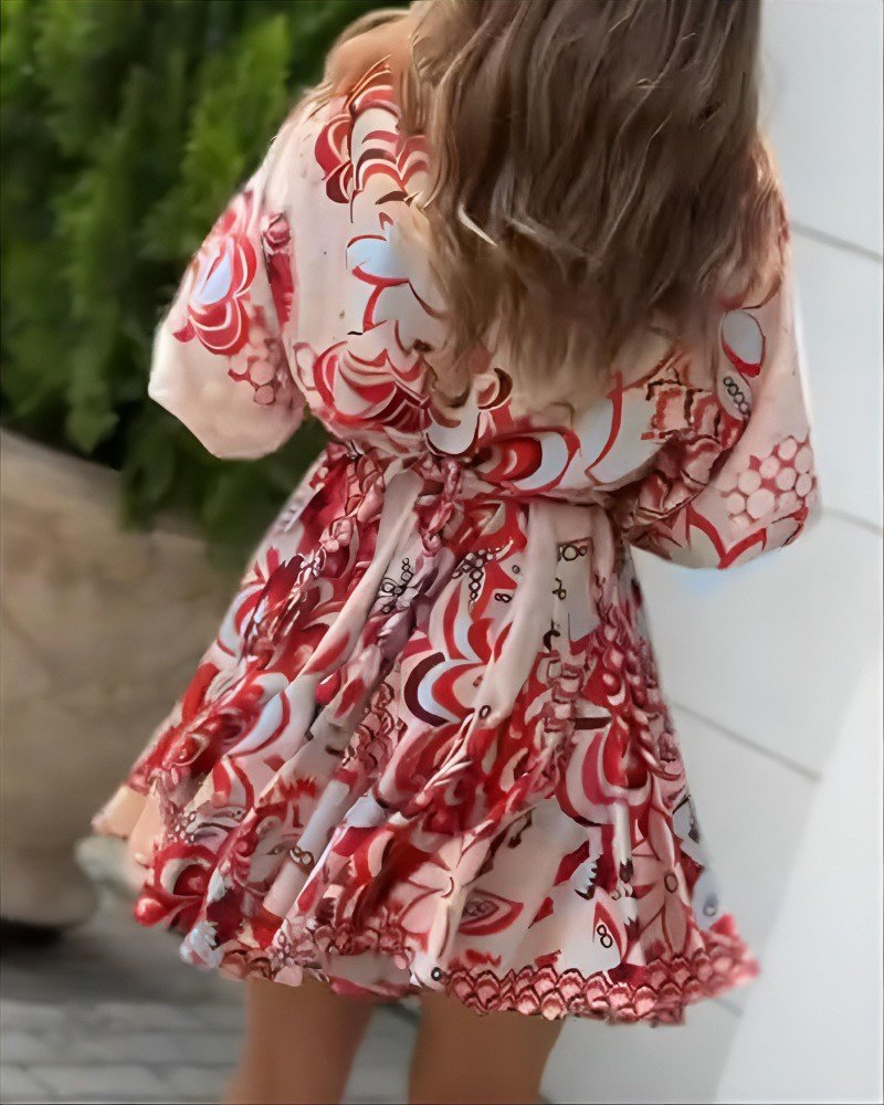 Women's Short Puff Sleeve Round Neck Pleated Patterned Mini Dress