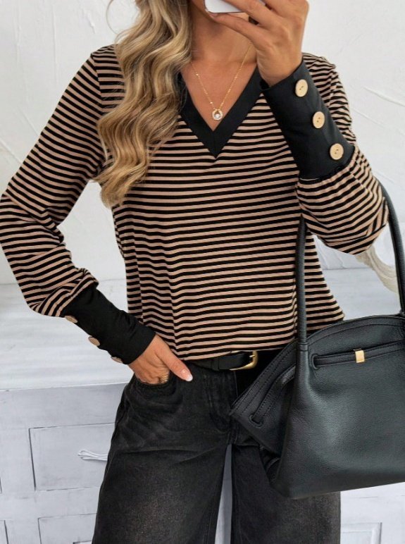 Women's Long Sleeve V-Neck Patterned Single Jersey Blouse