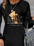 Women's Long-Sleeved Crew Neck Bear Print Viscose Two-Yarn Dress