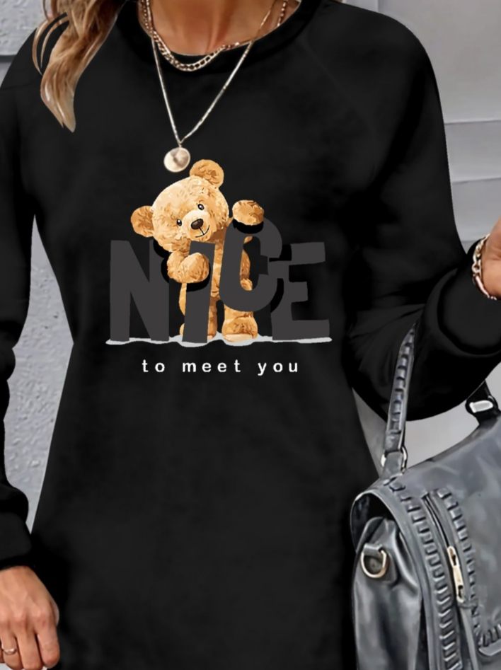 Women's Long-Sleeved Crew Neck Bear Print Viscose Two-Yarn Dress