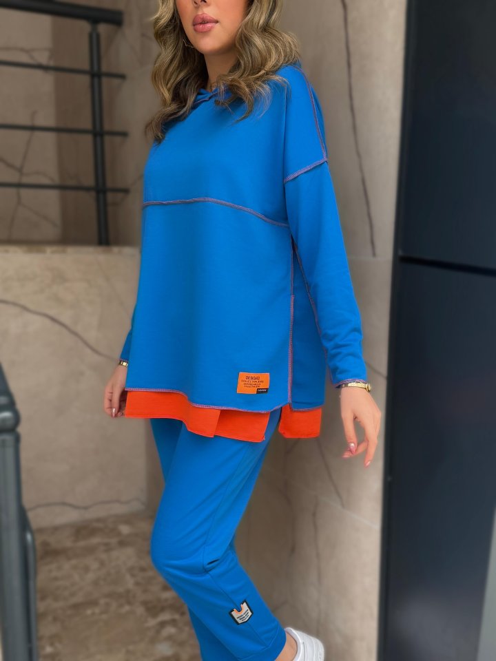 Women's Indigo Hooded Hem Detail Emblem Reverse Stitch Look Two-Piece Set