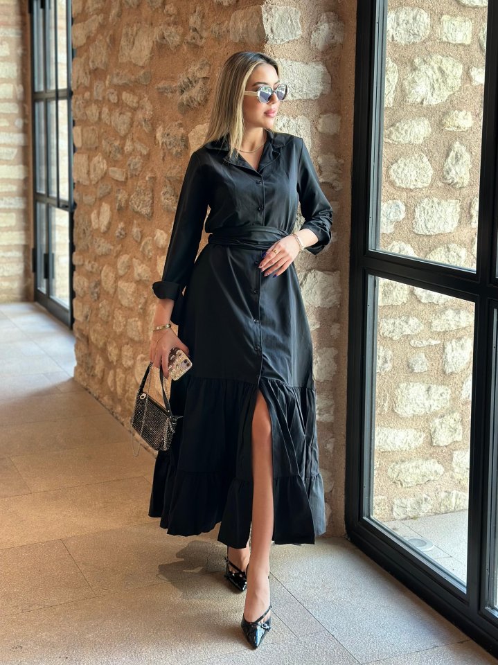 Women's Long Sleeve Ruffle Skirt Belted Tricot Full Length Shirt Dress