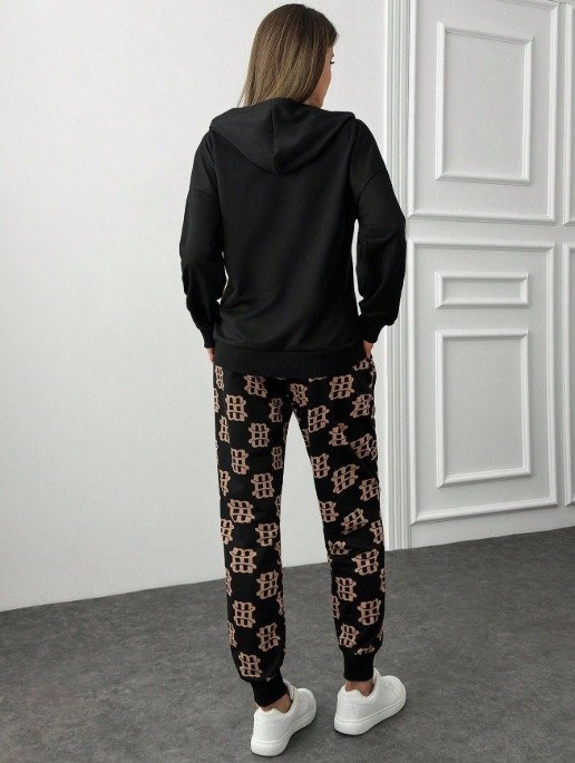 Women's Long Sleeve Two-Thread Fabric Zipper and Pocket Detail Hooded Two-Piece Set