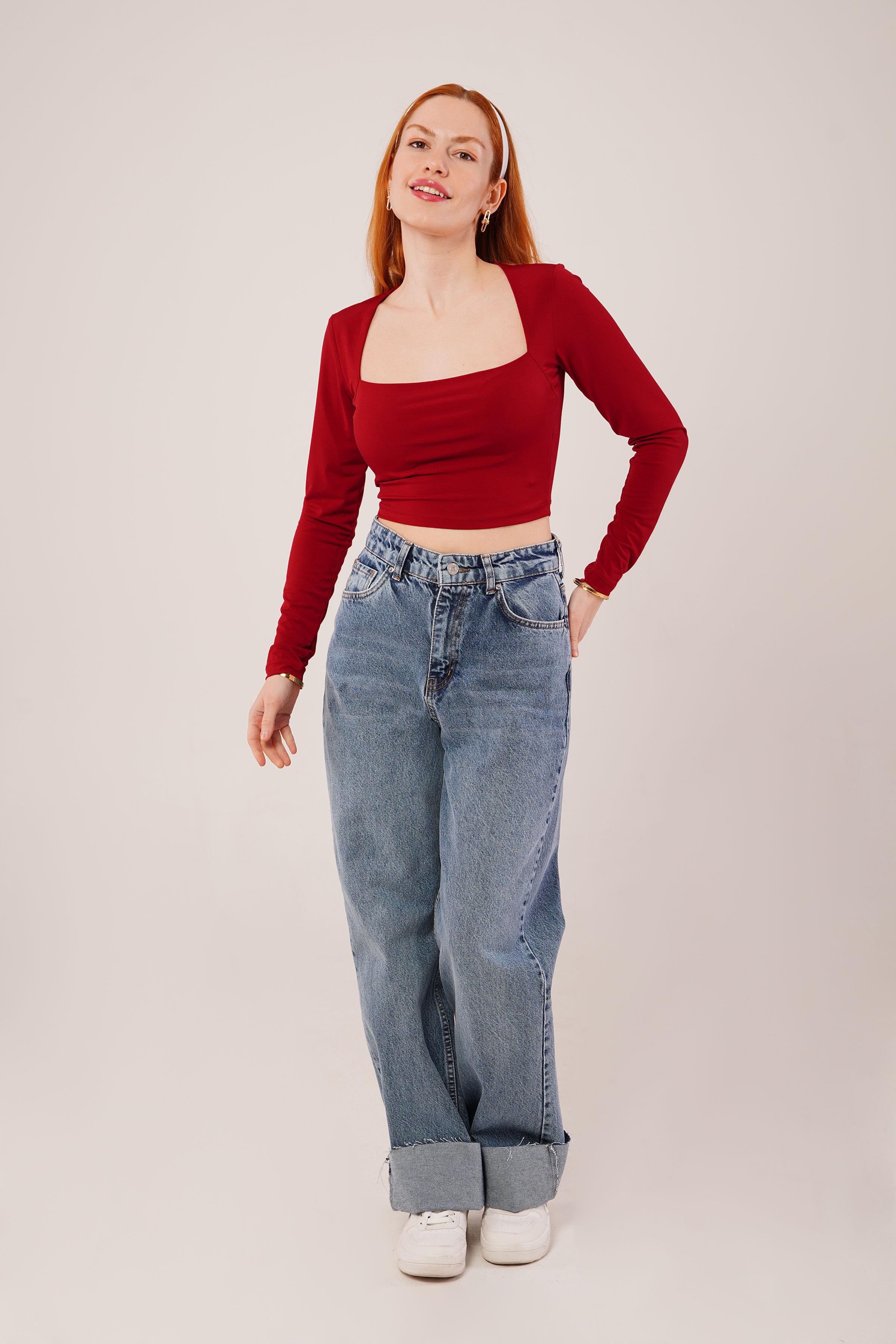 Square Neck Basic Burgundy Blouse
