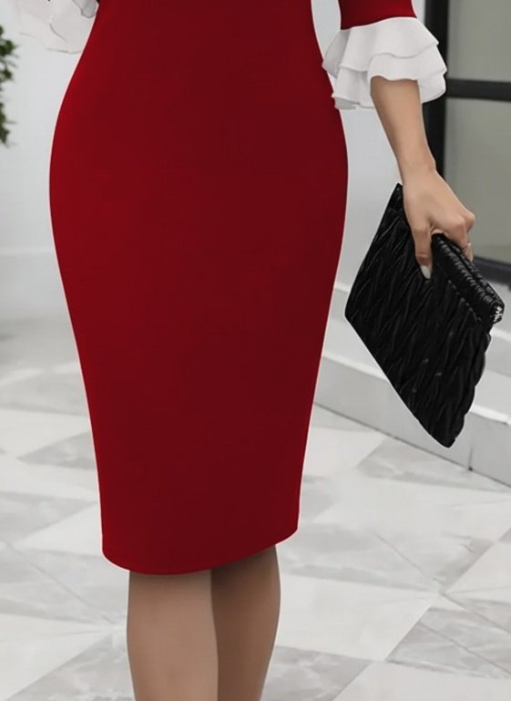 Women's Imported Crepe Midi Dress with Trumpet Sleeves and Bow Collar