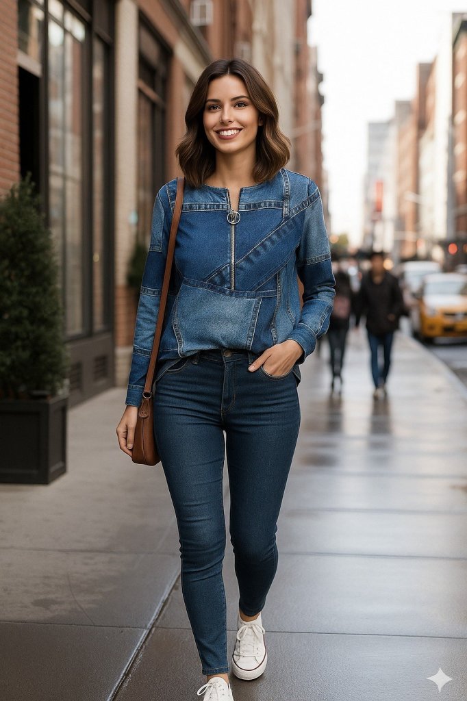 Women's Long Sleeve Stand-Up Collar Zippered Jean-Look Patterned Long Modal Blouse