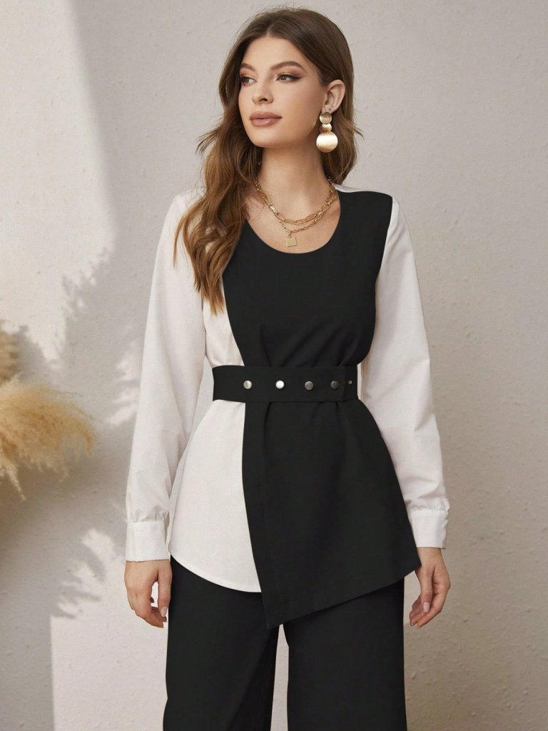 Women's Long Sleeve Open Collar Two-Tone Belted Imported Crepe Two-Piece Set