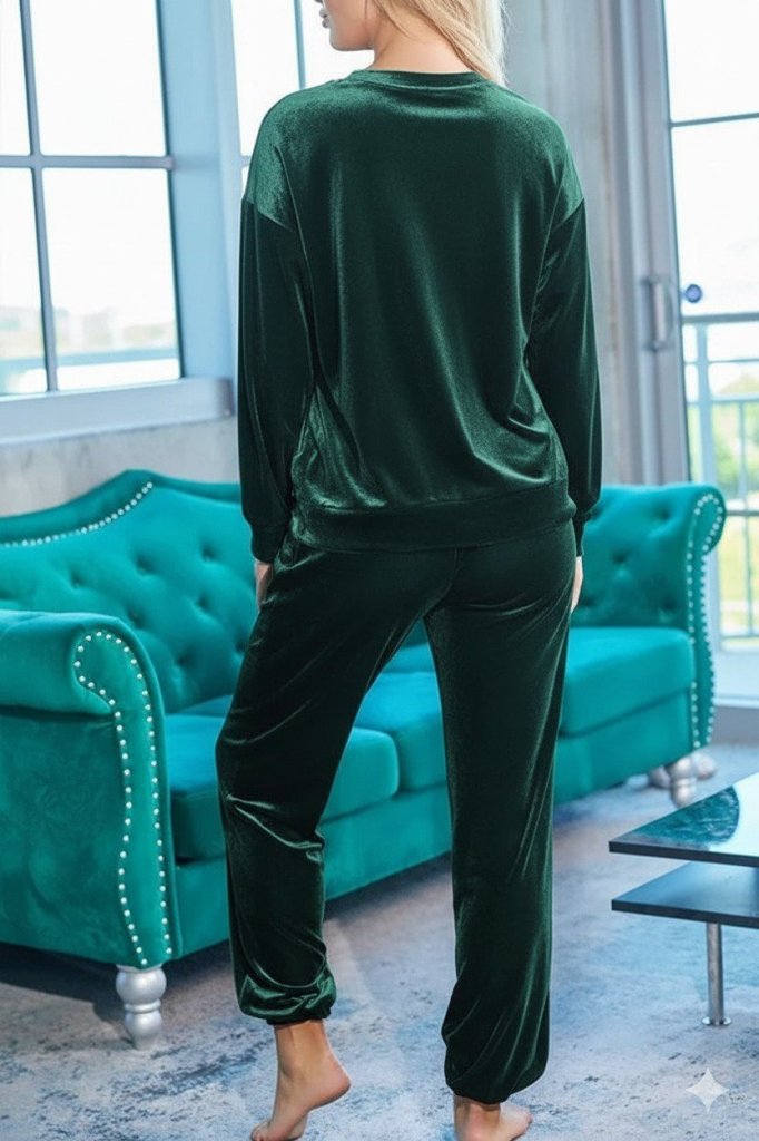 Women's Long-Sleeved Round Neck Velvet Blouse and Pants Set