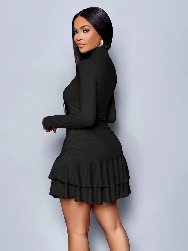 Women's Long Sleeve Turtle Neck Ruffled Mini Sandy Dress
