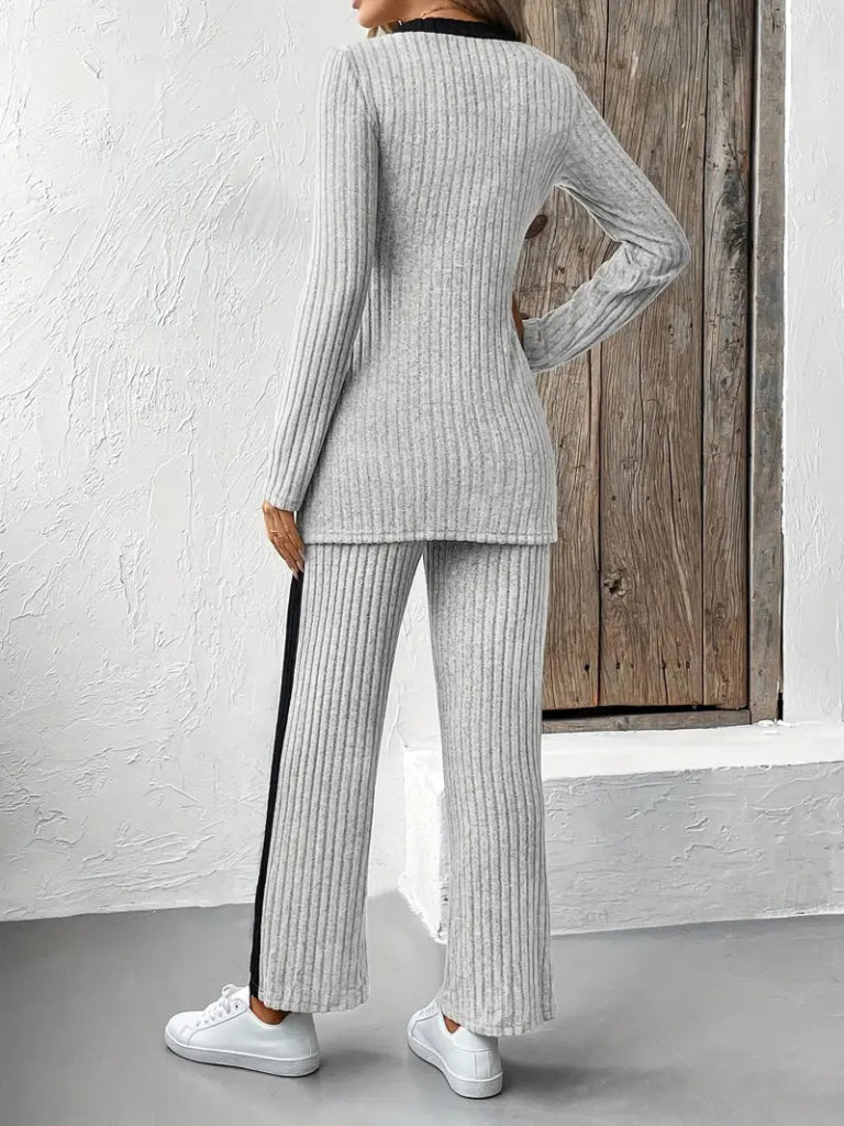 Women's Long-Sleeved V-Neck Crisscross Detail Brushed Ribbed Bralette Blouse and Pants Two-Piece Set