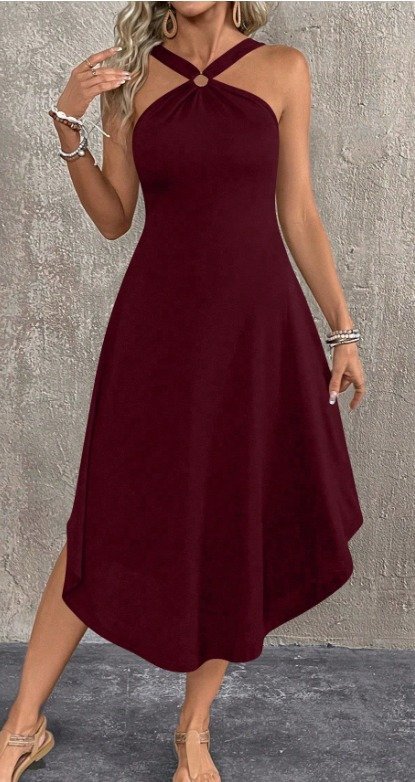 Women's Cross-Neck Ring Detail Asymmetrical Viscose Dress