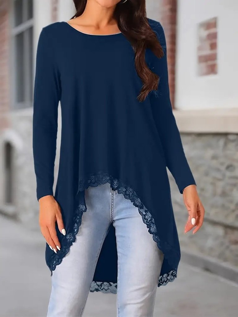 Women's Long Sleeve Crew Neck Asymmetrical Cut Detailed Lace Viscose Blouse