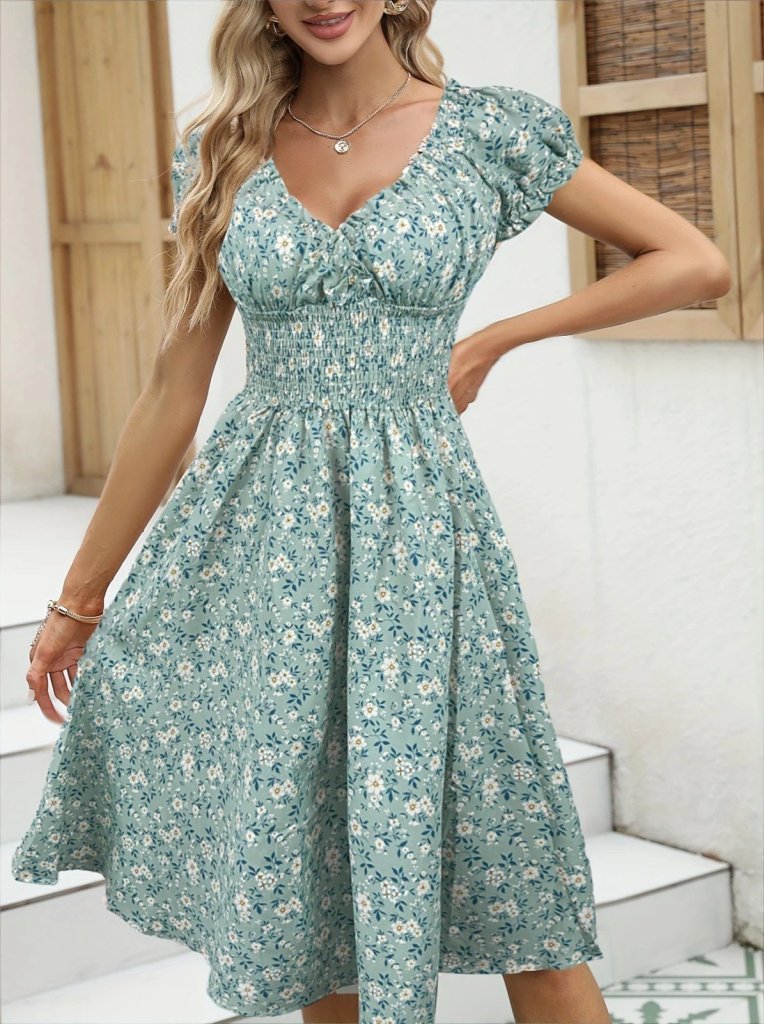 Women's Short Sleeve Wrap V-Neck Shirred Waist Floral Print Suprema Dress