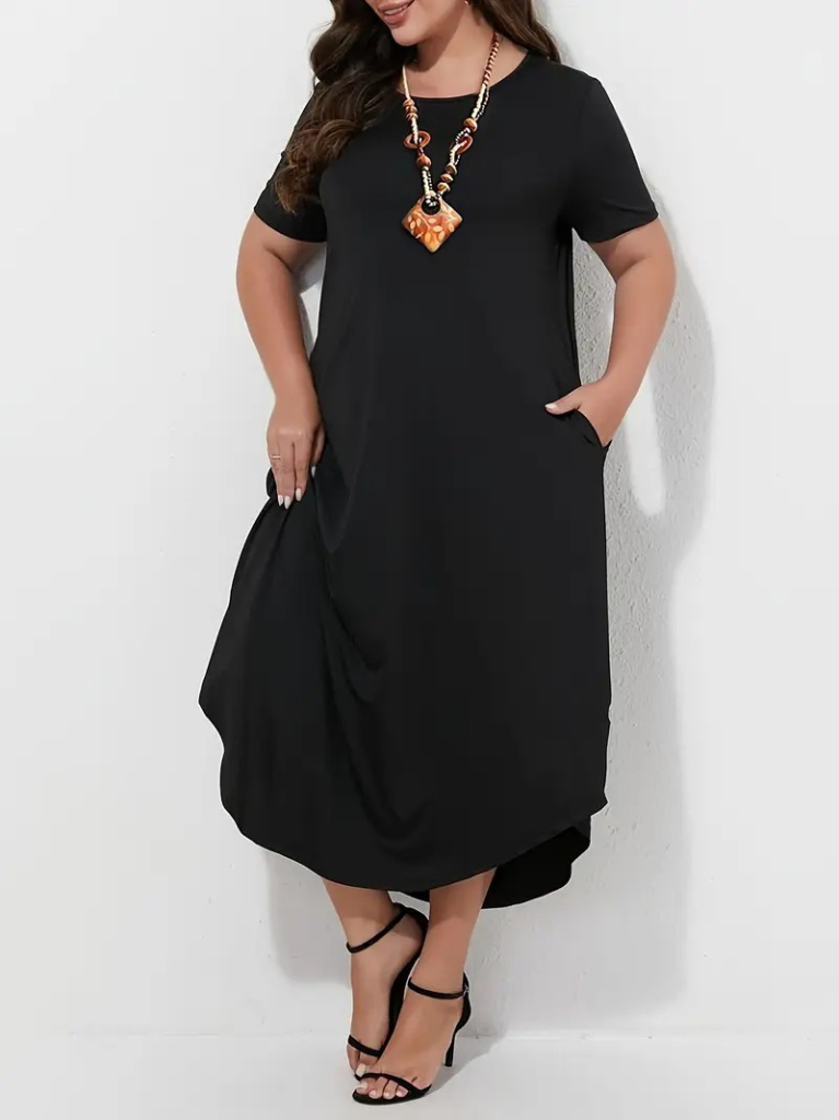 Kadın Kısa Kollu Bisiklet Yaka Cepli Salaş Viskon Elbise