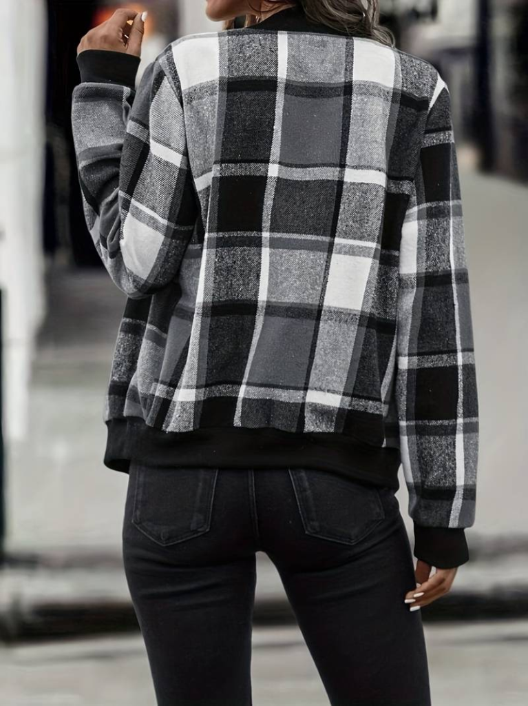 Women's Long Sleeve Front Zipper Plaid Pattern Jacket