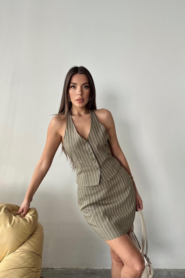 Khaki Striped Vest and Skirt Set