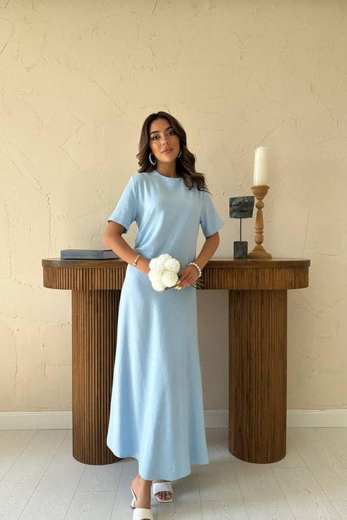 Baby Blue Pleated Crew Neck Dress