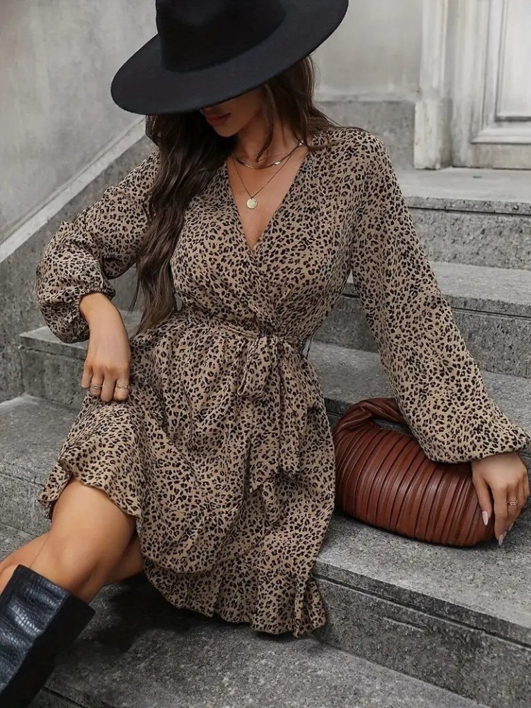 Women's Long Sleeve Wrap Collar Belted Patterned Short Modal Mini Dress
