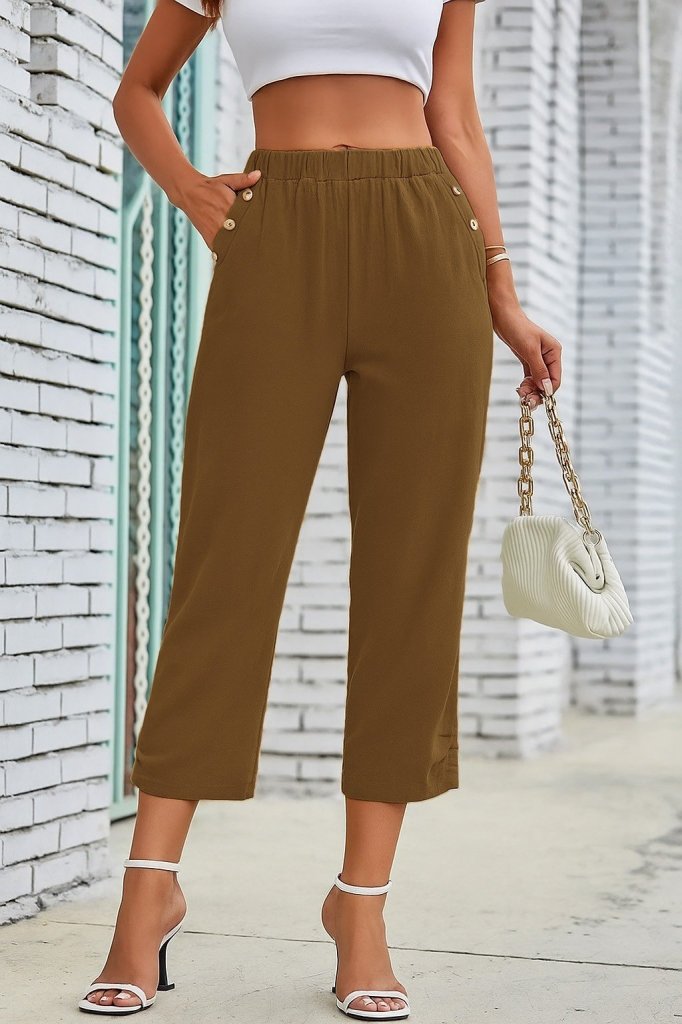 Women's Elastic Waist Button and Pocket Detail Capri Imported Linen Trousers
