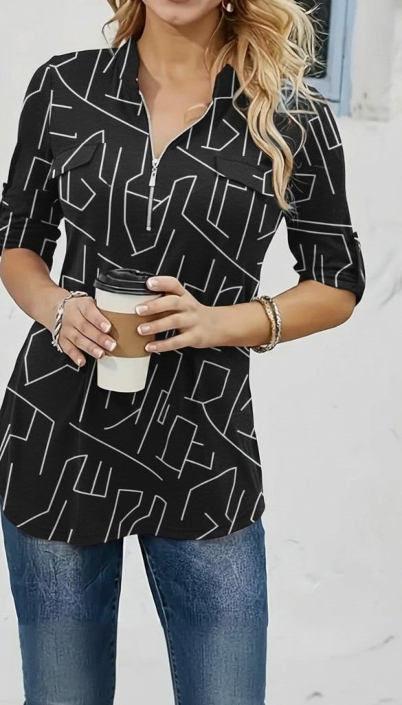 Women's Long-Sleeved Stand-Up Collar Quarter-Zip Geometric Print Supima Blouse