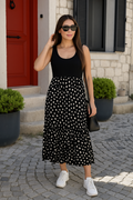 Women's Strappy Round Neck Viscose Top with Patterned Crinkled Dress