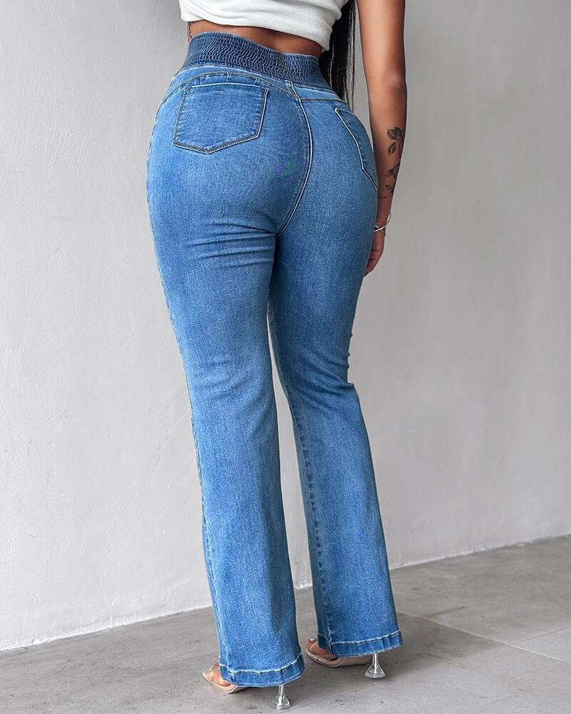 Women's High Waist Elasticated Sides Button Front Jeans