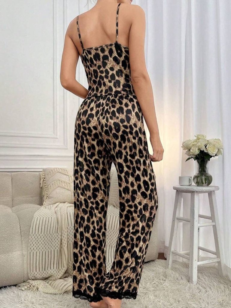 Women's Spaghetti Strap Lace Collar Blouse and Pajama Sandy Two-Piece Set
