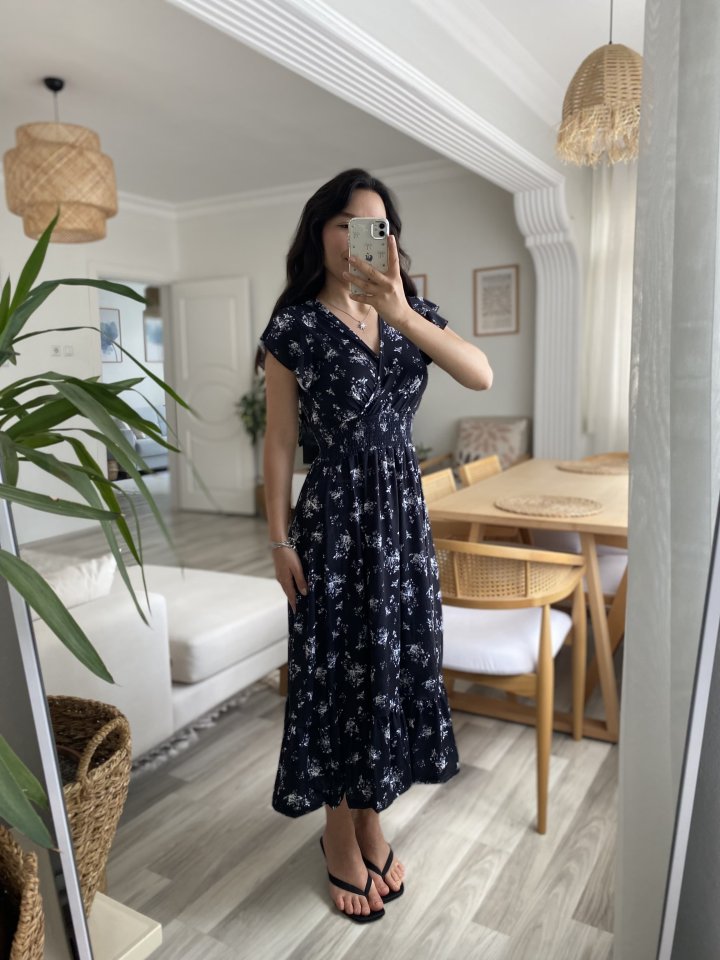 Women's Short Sleeve Wrap-Neck Elastic Waist Floral Dress