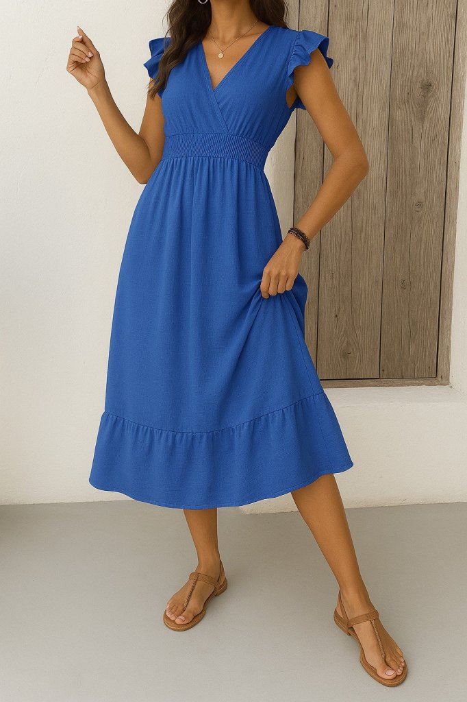 Women's Short Butterfly Sleeve Wrap Neck Elastic Waist Aerobin Dress