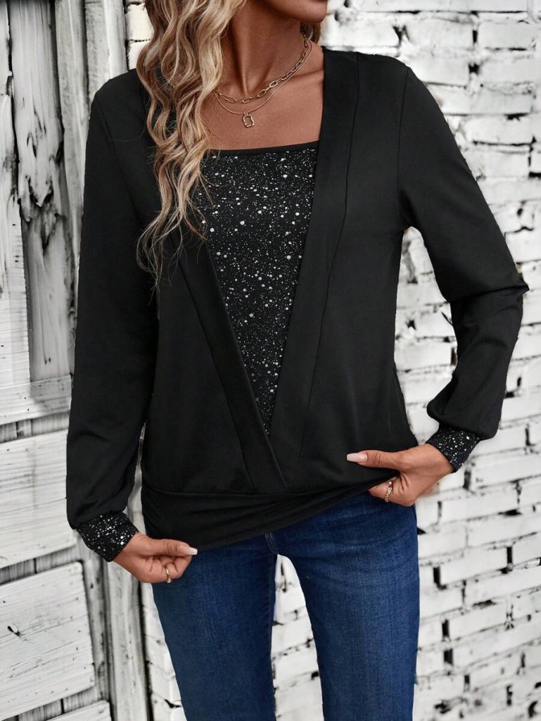 Women's Long Sleeve V-Neck Blouse with Inner Jersey Pattern and Outer Viscose