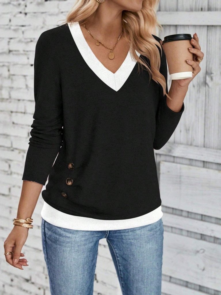 Women's Long Sleeve V-Neck Side Buttoned Wool Viscose Blouse