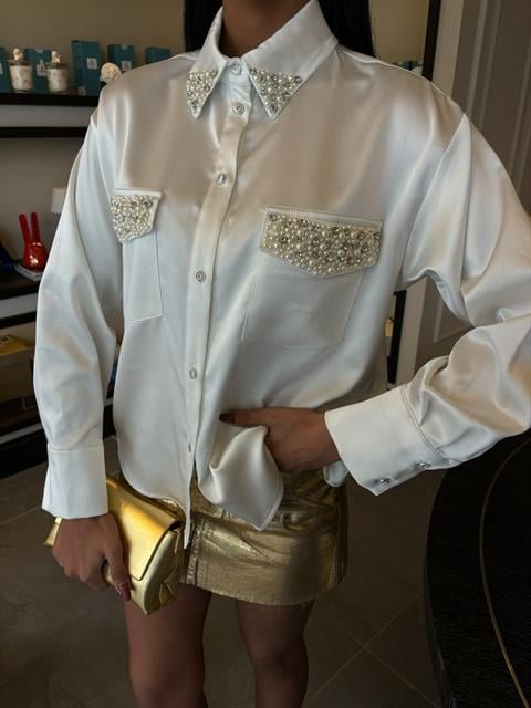 Collar and Pocket Pearl Embellished Satin Shirt 3423