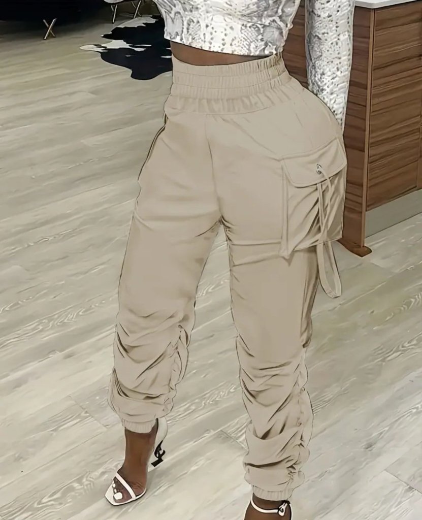 Kadın Yüksek Bel Beli Lastikli Kargo Cep Detaylı Gabardin Pantolon