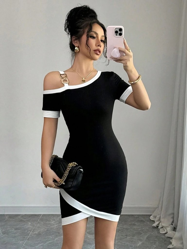 Women's Short Sleeve Asymmetric Cut Neckline, Strip, and Accessory Detailed Modal Dress