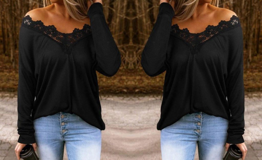 Kadın Uzun Kollu Yaka Güpür Detay Viskon Bluz